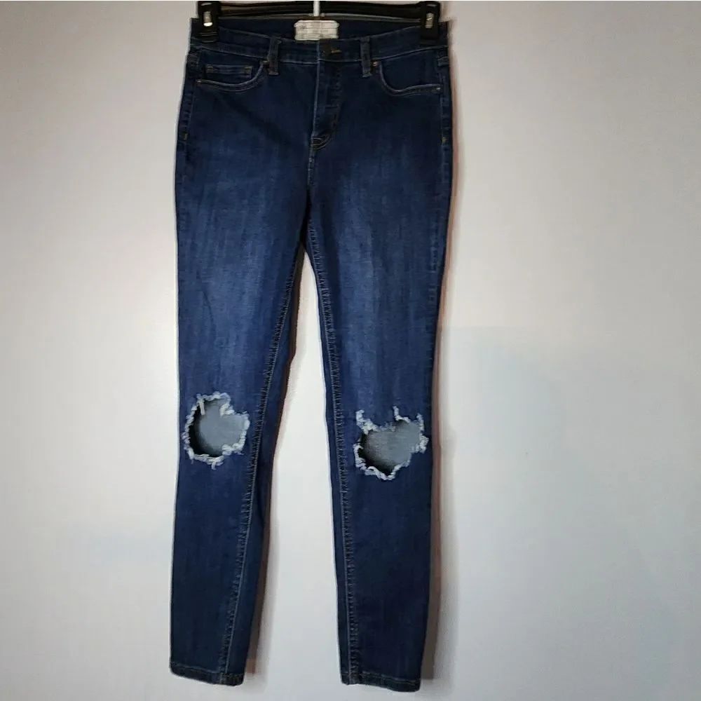 FREE PEOPLE WOMEN'S DISTRESSED HOLEY SKINNY DENIM JEANS BLUE SIZE 29R